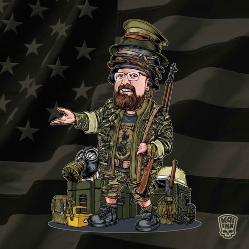Cartoon mascot for military surplus businessman