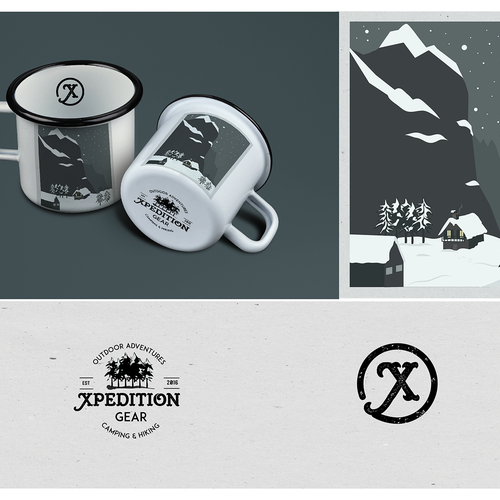 Design a vintage enamel mug for a premium camping/hiking company