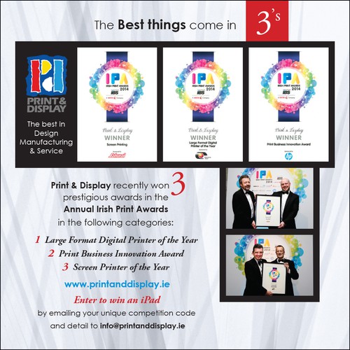 Design a DM flyer to promote Print & Display Ltd as the 3 times Irish Print Awards winner