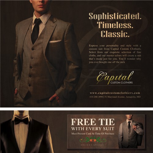 Create a direct mail piece approximately 6.25 x 9 inches for a menscustom clothier shop that feels elegant