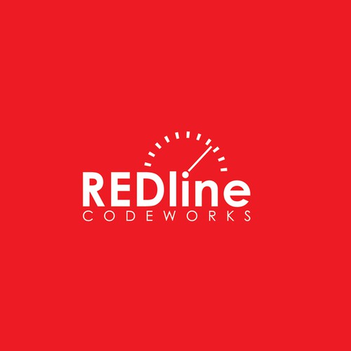 Develop a logo for Redline Codeworks with stylish rendition of tachometer at the redline