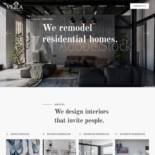 Wordpress theme design for "Vella Custom Homes", a construction company that remodels residential homes.