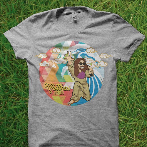 Create a current, hip, t-shirt design with Jesus surfing barefoot.