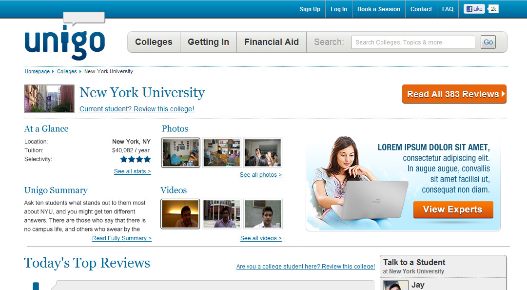 Banner ad for Unigo's College page (e.g. www.unigo.com/nyu)