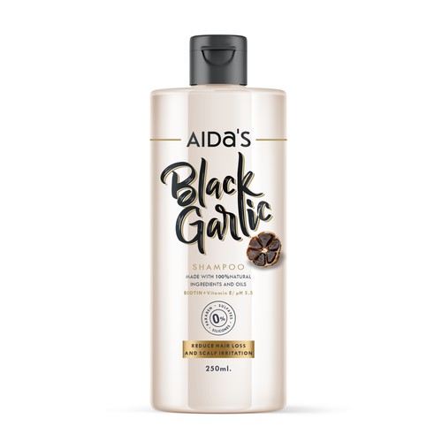 Label design for shampoo with black garlic