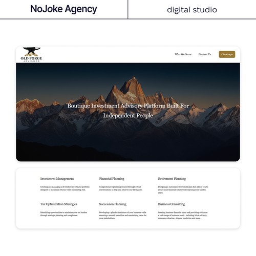 A professional Squarespace website for boutique investment advisory firm Old Forge Advisors, by NoJoke Agency