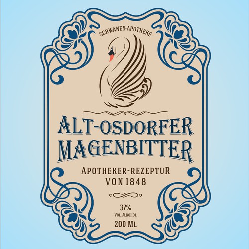 Designed ein Retro-Kräuterlikör-Etikett im Jugendstil für einen Apotheken-Magenbitter!