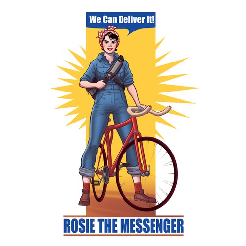 Illustrate Rosie the Riveter standing astride a bicycle, with a messenger bag over her shoulder, for my T-Shirt