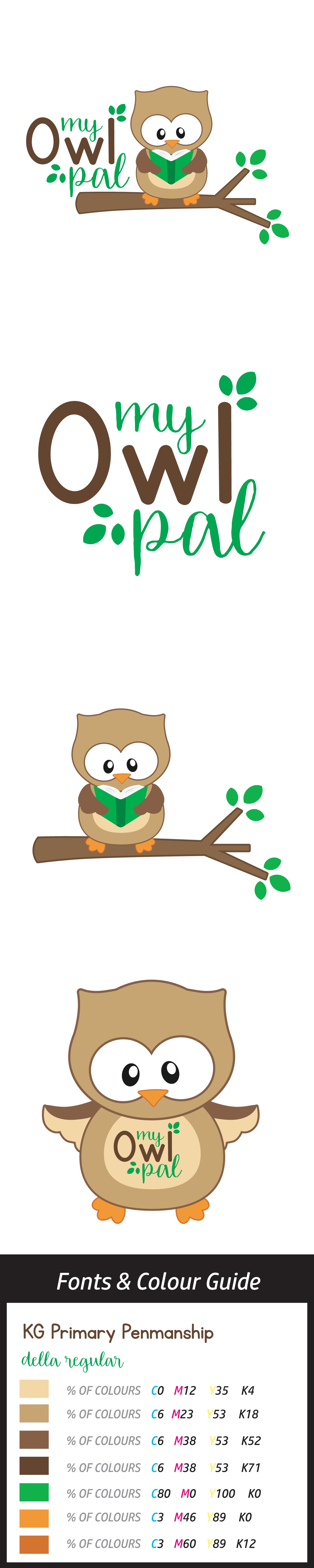 Create a playful logo for the book and toy,  "My Owl Pal"