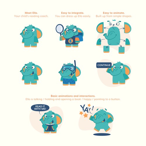 Elephant character concept for kids literacy app [turquoise color variant]