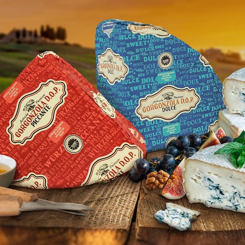 Patterned packaging for Netherlands gorgonzola cheese.
