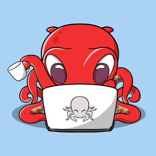 cartoon octopus logo working on laptop