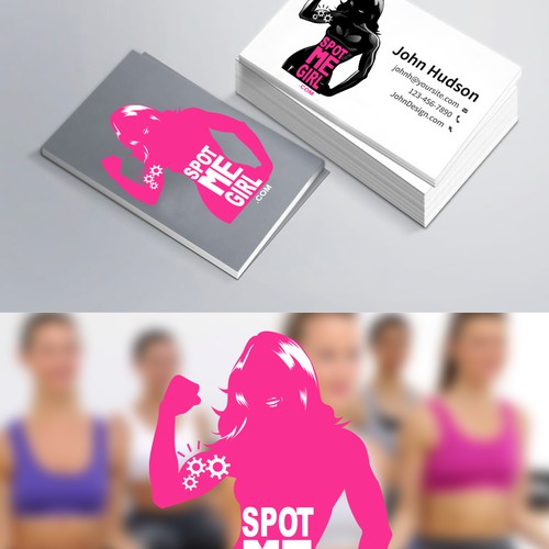 Create a female fitness brand character logo for SpotMeGirl.com Fitness Magazine