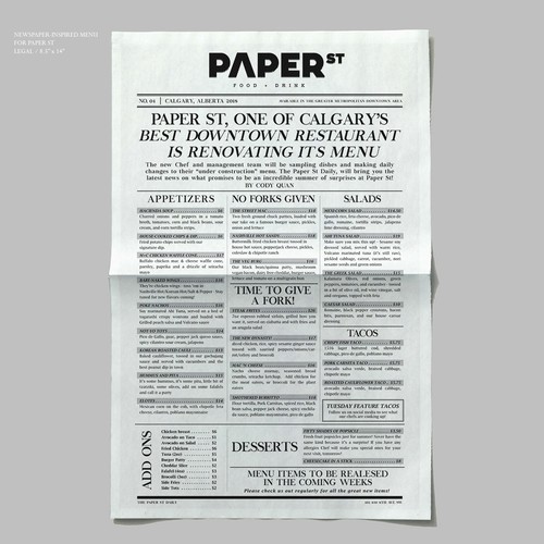 Newspaper-inspired Menu Design for Paper St