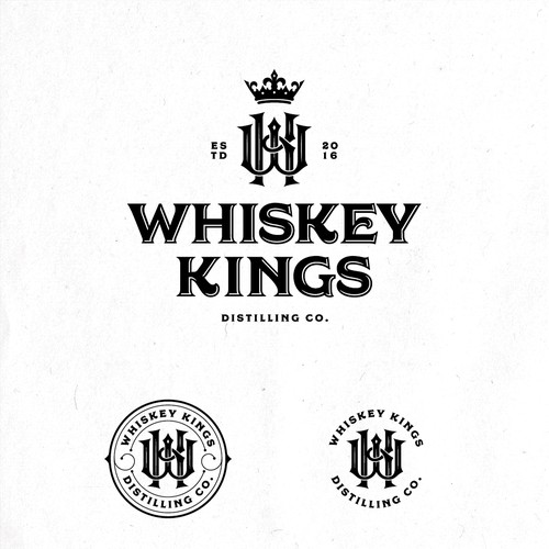 Classic masculine monogram logo design for Whiskey Kings Distilling Co.