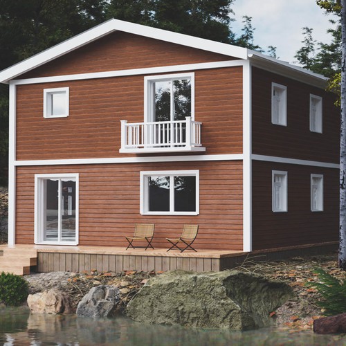 3d render of a cabin near a river
