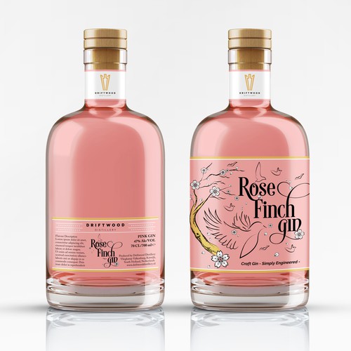 Pink Gin Label Design - Rose Finch Gin by Driftwood Distillery