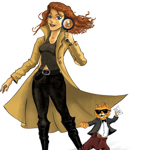 A detective girl cartoon with cat sidekick for Book cover