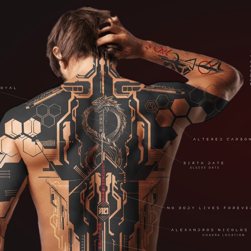 Full body tattoo with Altered Carbon series elements and Cyberpunk style