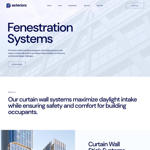 Clean and modern page for the Fenestration Systems service