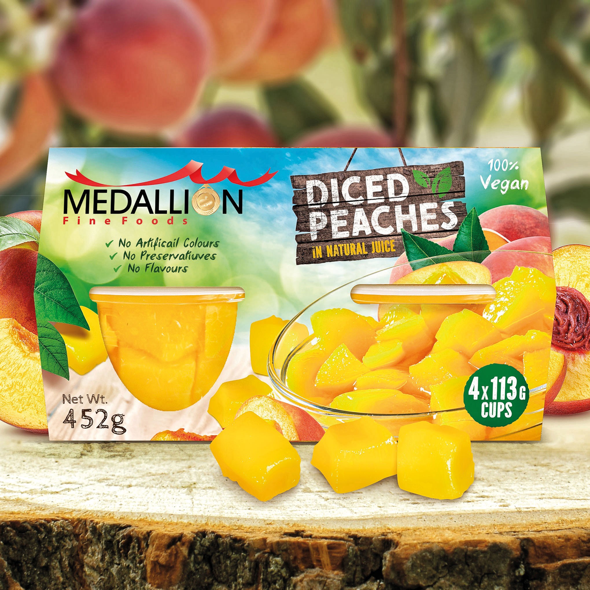 Packaging For Medallion Fine Foods Diced Peaches 452gm (4 x 133gm Cups)