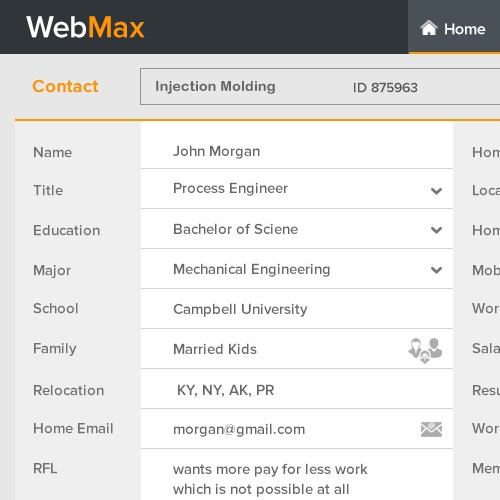 Webmax contact screen