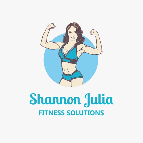 Create a fit girl flexing and posing, holding a company name.