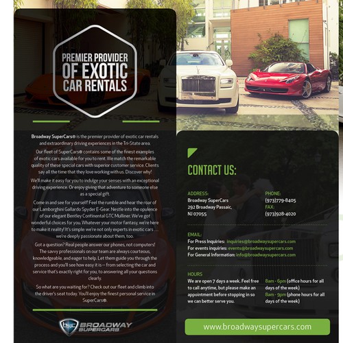 Exotic leaflet for exotic car rental company