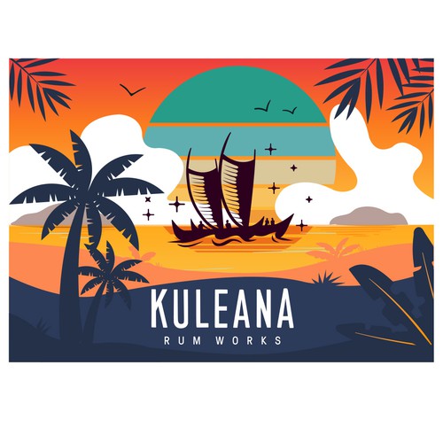 Vector illustration of Hawaiian sunset with clouds in retro style incorporating logo