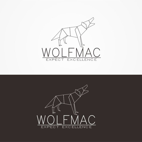 Create a modern Logo for Wolfmac , with a wolf and the wording incorporated in it WE are top qualito