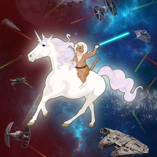 Cat riding a unicorn with star wars style