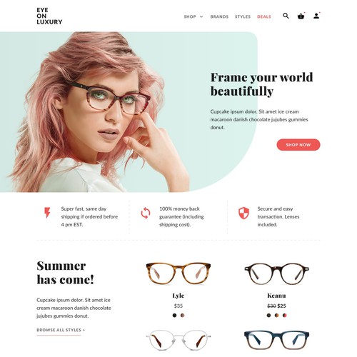 Landing page for eyeglasses retailer