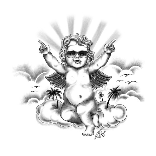 Party Cherub in paradise on the clouds.