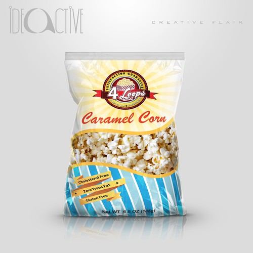 Create a captivating label for the 4-Loops Popcorn company