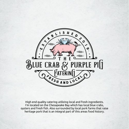 Blue crab and purple pig catering logo