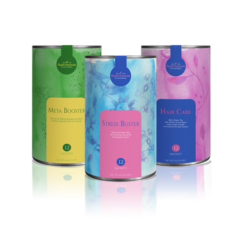 Vibrant and eye catching packaging for herbal tea product line.