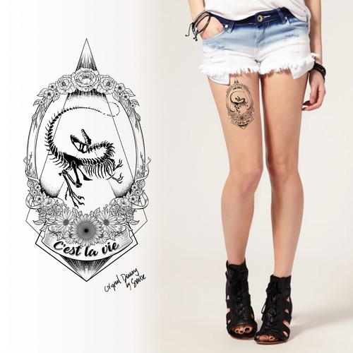 Design a striking & feminine tattoo with a velociraptor fossil & flowers