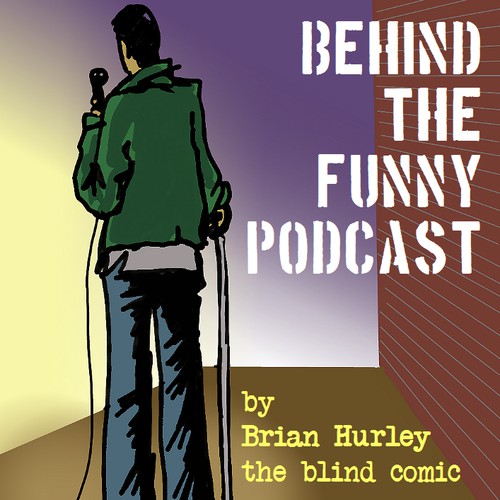 Design a gritty and funny iTunes cover art illustration for a podcast by a blind comedian