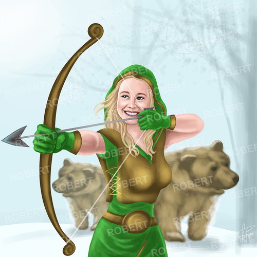 Illustration of a lady archer with 2 Bears
