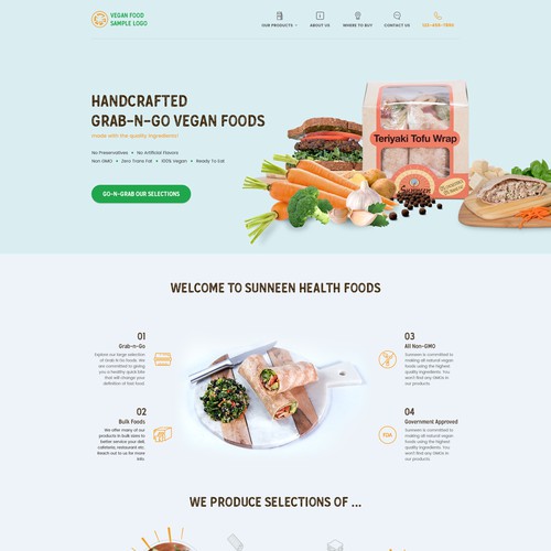 Homepage design for pre-packaged grab n go vegan foods