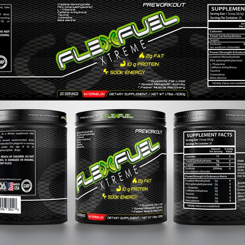 Create a new generation Product label for a pre-workout powder mix drink