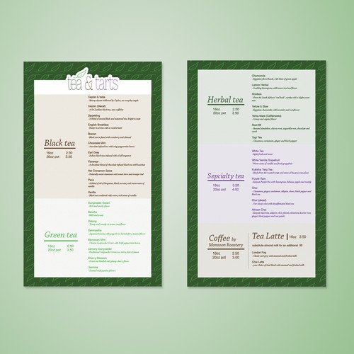 Menu design for a new tea room and vegetarian cafe