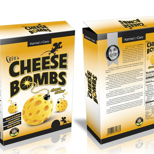 Create an original and hip package design for "Cara's Cheesebombs"