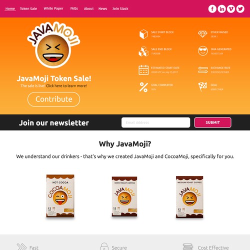 Single landing pagewebsite for a java company's token sale.
