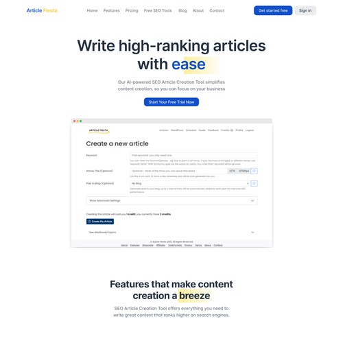 Landing Page for a SaaS product, SEO Article Creation Tool