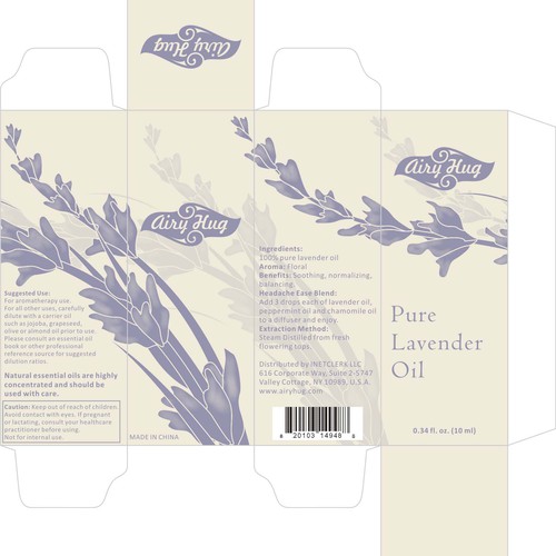 Create 10 ml lavander oil bottle label and box designs and 3D images + logo