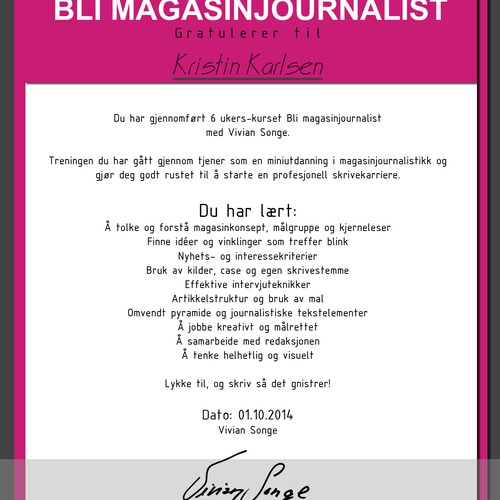 Create a course certificate for an online course in magazine journalism