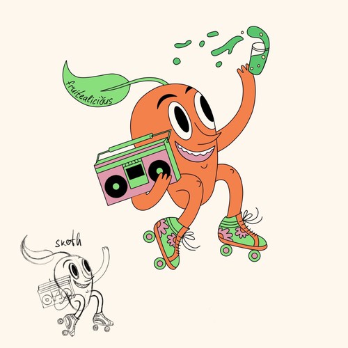 funny mango with retro radio and rollerblading