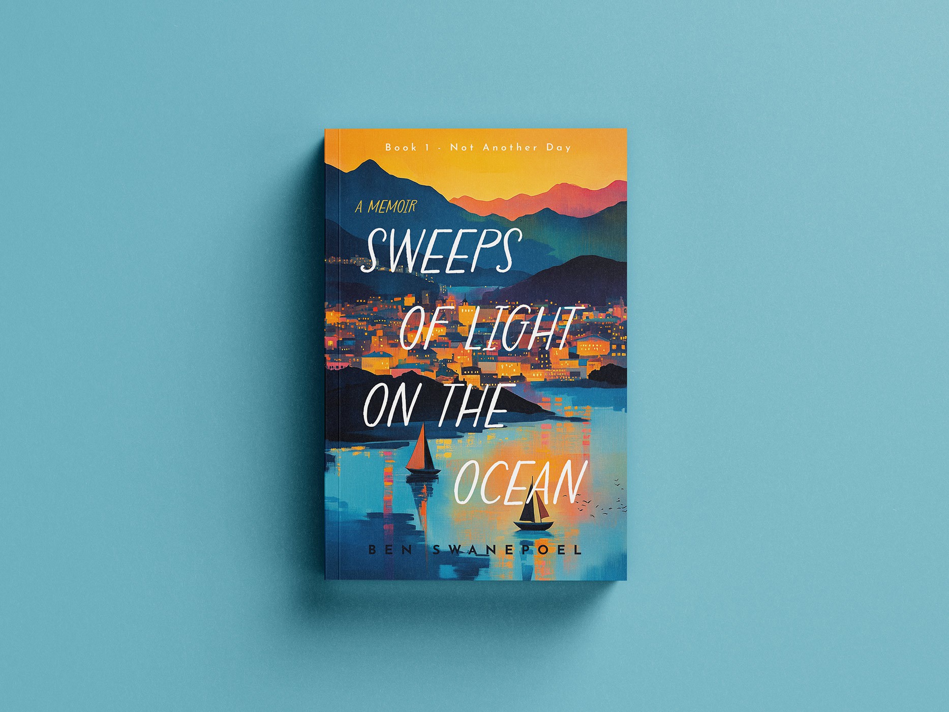 Book cover design - Sweeps of light on the ocean