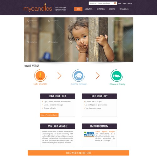 Landing page design for a site created to raise funds for charities